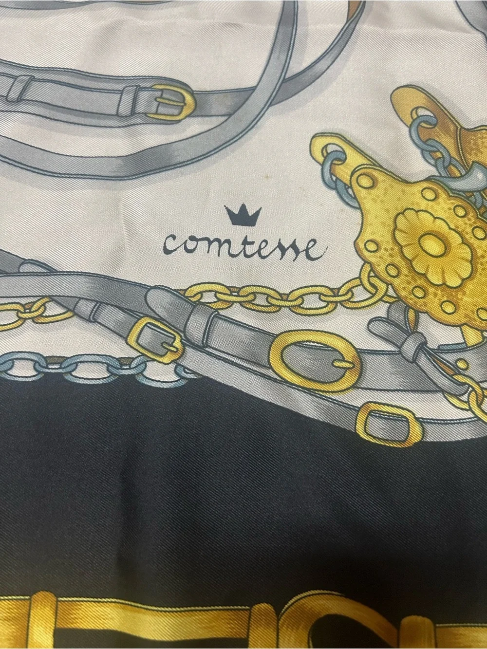 Comteme Luxuryq Black, White & Gold Women's Silk Scarf